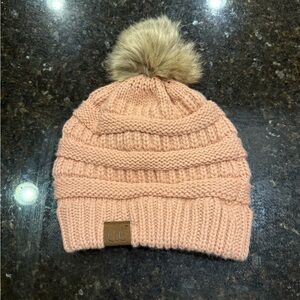 C.C Peach Knit Beanie with Faux Fur Pom